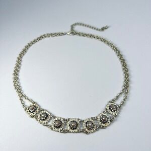 Vintage Faux Pearl Flower Silver Tone Necklace Double Chain Choker Bridal Fairy